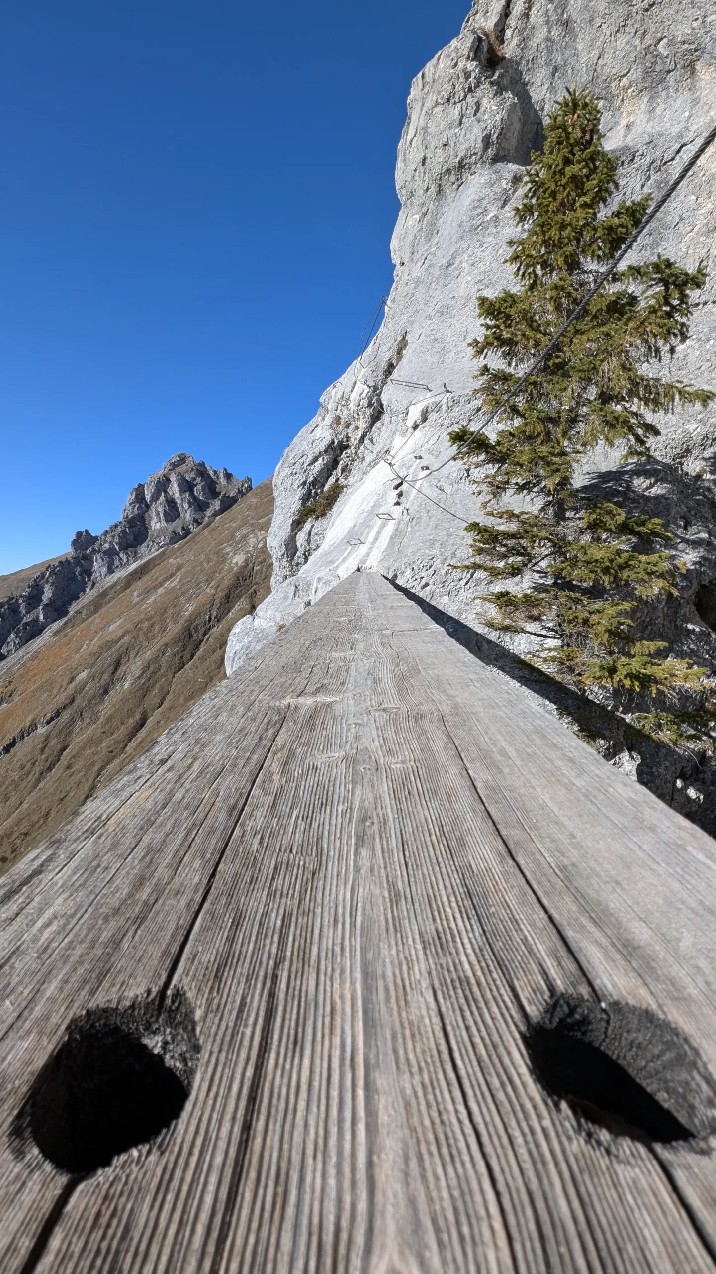 vue rapprochée sur la passerelle de la via ferrata la tour du jallouvre au grand-bornand