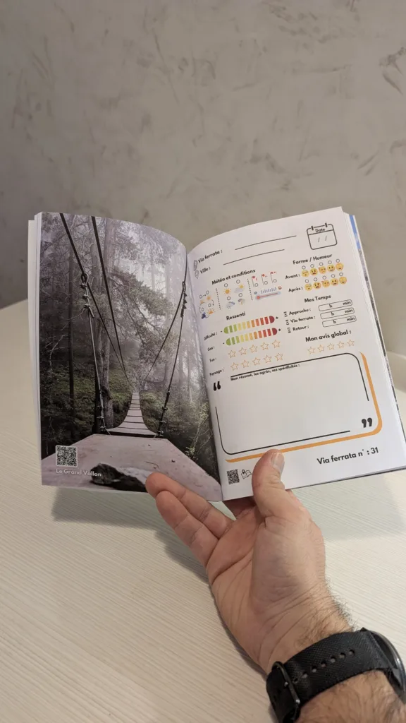 Carnet de Via Ferrata, page photo avec fiche à remplir